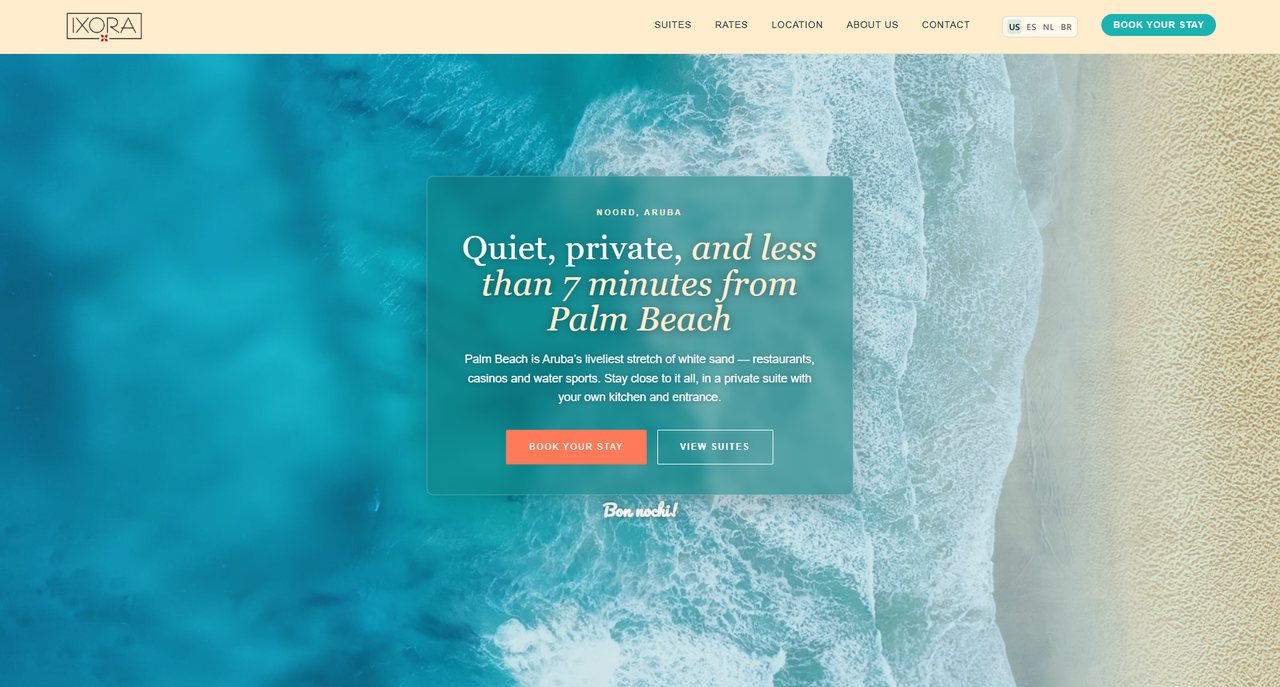 Aruba IXORA Suites website — homepage hero